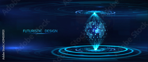Futuristic background, Earth globe hologram. Yhree-dimensional interface, Sky-fi concept, science fiction scene. Vector high-tech illustration 