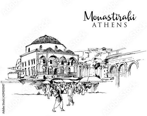 Drawing sketch illustration of Monastiraki Square in Athens