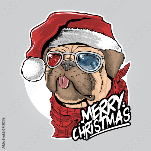 PUG PUPPY DOG SANTA CLAUS CHRISTMAS CUTE FACE ARTWORK VECTOR