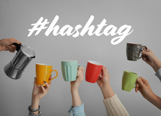 Woman pouring coffee into cups in hands of people on light background