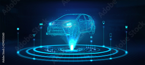 Hologram auto, futuristic polygonal model auto. Smart auto ai.  Wireframe in line low-poly style. Smart automobile. Vector illustration in futuristic style