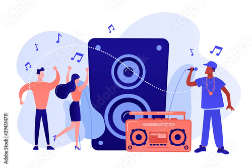 Hip hop singer with microphone at music speaker and tiny people dancing at concert. Hip hop music, hip hop party, RAP music classes concept. Pinkish coral bluevector isolated illustration