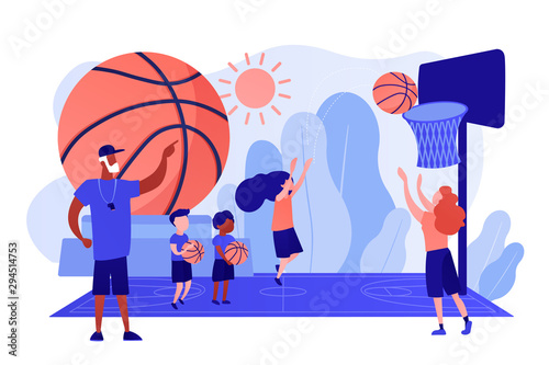 Coach teaching and kids practicing basketball in summer camp, tiny people. Basketball camp, academy, achieve basketball goals concept. Pinkish coral bluevector isolated illustration