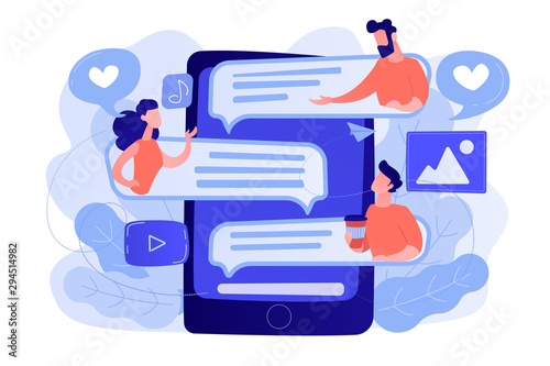 Tablet with users communicating and speech bubbles. Global internet communication, social media and network technology, chat, message and forum concept, violet palette. Vector isolated illustration.