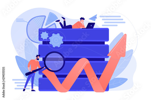 Developer with magnifying glass working with big data and zigzag arrow. Digital analytics tools, data storage and software engineering concept, violet palette. Vector isolated illustration.