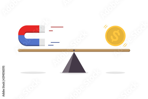 Magnet attracting gold dollar coin on seesaw isolate on white background. business concept, vector illustration