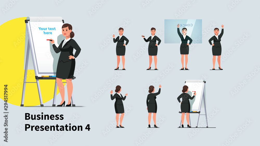 Business teacher woman giving lecture poses set