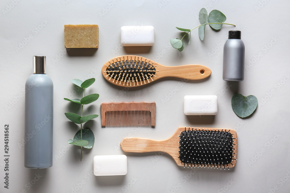 Accessories and cosmetics for personal hygiene on light background Accessories and cosmetics for personal hygiene on light background