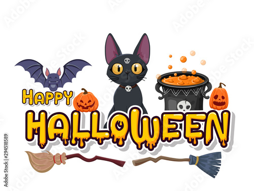 Happy Halloween pumpkin, cat, skull, bat, brooms, witches cauldron. Concept cartoon Halloween day elements. Vector clipart illustration