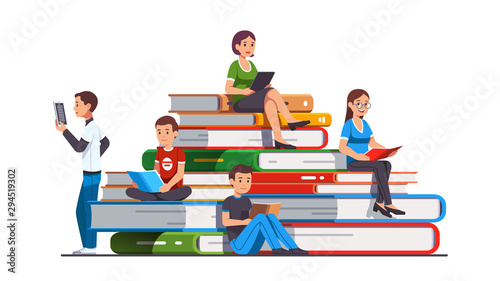 College and school students man and woman reading