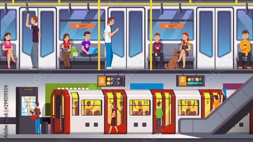 City underground subway transit station with train