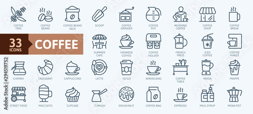 Obraz Ekspres do kawy, kawiarnia, elementy kawiarni - minimalny zestaw ikon web cienka linia. Kolekcja ikony konspektu. Prosta wektorowa ilustracja.