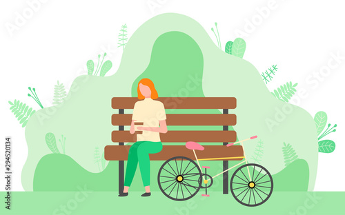 Woman relaxing in park in spring, female sitting on bench holding cup of coffee. Bicyclist resting on seat, bicycle and lady drinking beverage. Vector illustration in flat cartoon style