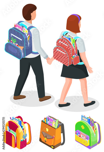 Set of bags and pupils vector, isolated boy and girl walking holding hands. Schoolboy and schoolgirl, characters with satchels on shoulders isometric 3d style. Back to school concept. Flat cartoon