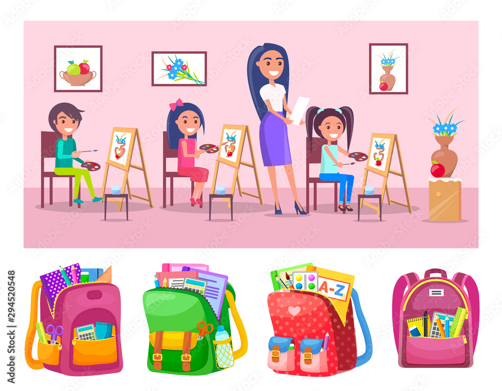 Schoolbags with stationery and art lesson class vector. School students