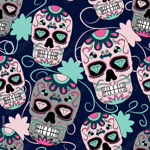Day of the dead sugar skull with floral ornament in seamless pattern. colorful.