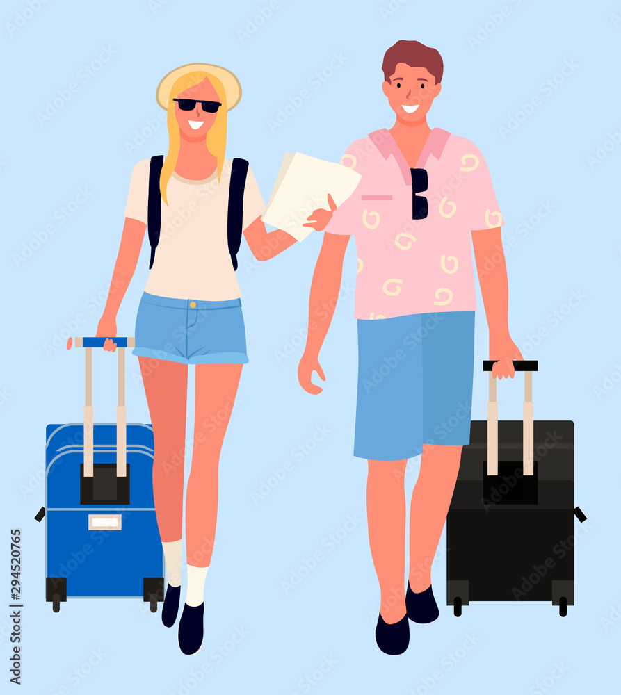 Man and woman smiling characters, isolated couple with baggage. Luggage of travelers, traveling person with map and document people. Vector illustration in flat cartoon style Man and woman smiling characters, isolated couple with baggage. Luggage of travelers, traveling person with map and document people. Vector illustration in flat cartoon style