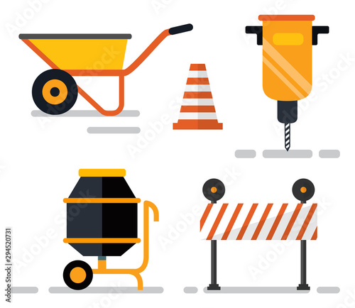 Road signs and cone, isolated construction equipment and tools. Carriage and auger drill, cement mixer and plastic board with stripes and lights. Vector illustration in flat cartoon style