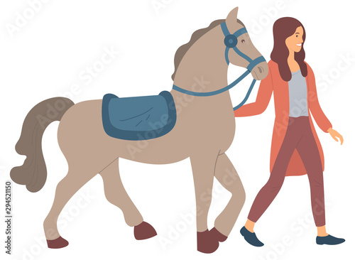 Person with horse, isolated lady with animal and equipment for rider. Leisure time of female with stallion. Pastime and relaxation of character. Vector illustration in flat cartoon style