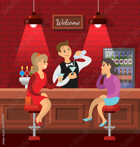 Pub or bar in red color with bricks wall and lamps, characters talking. Woman discussing events, friends nightlife of people. Bartender pouring alcoholic cocktail for girls sitting on stools. Vector
