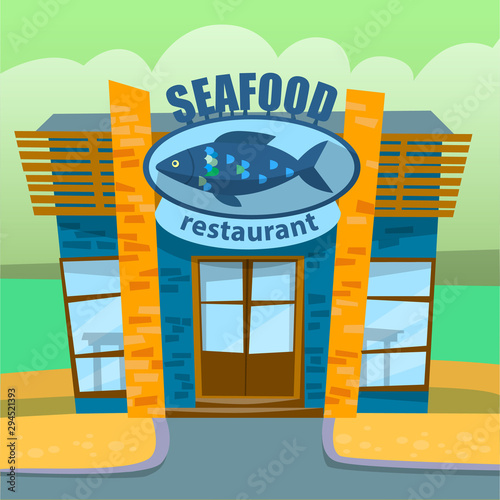 Seafood restaurant selling fish and aquatic creatures, special menu. Exterior of diner with fish logotype and image. Ocean and sea dwellers sale. Vector illustration in flat cartoon style