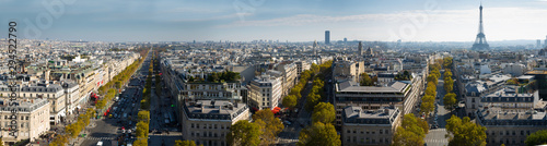 Photography Cityscape of Paris with the Eiffel Tower and apartment buildings aerial view
