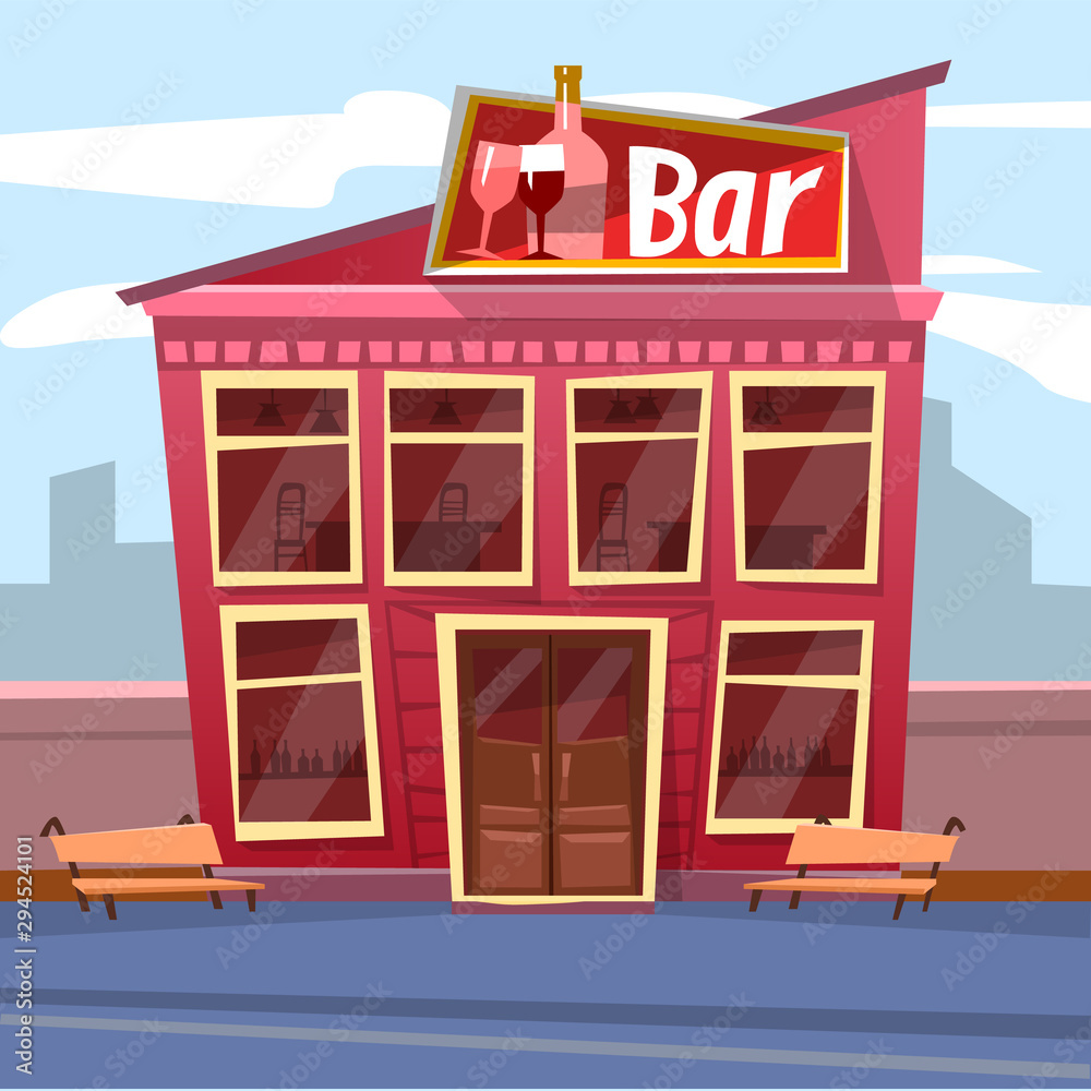 Bar building with board of wine drink on roof. Urban dining place in red color, exterior of cafe with benches outdoor, pub or restaurant sign. Vector illustration in flat cartoon style Bar building with board of wine drink on roof. Urban dining place in red color, exterior of cafe with benches outdoor, pub or restaurant sign. Vector illustration in flat cartoon style