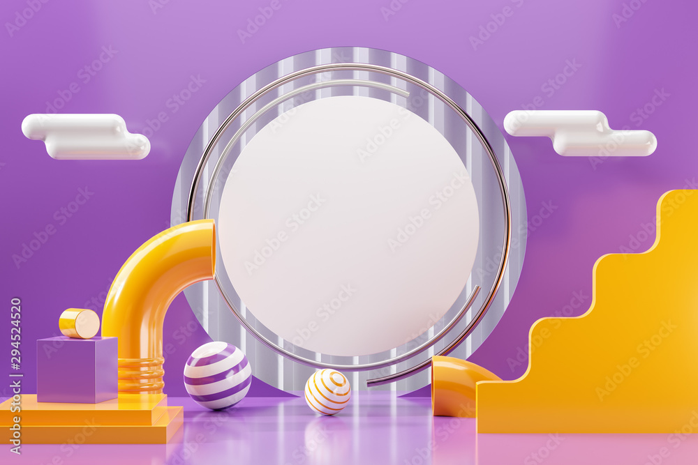 3d scene render of abstract geometric shape purple background accent. Illustration 3d rendering graphic design and white circle text copy space with yellow tube, ball sphere, cloud in minimal styles. - obrazy, fototapety, plakaty 