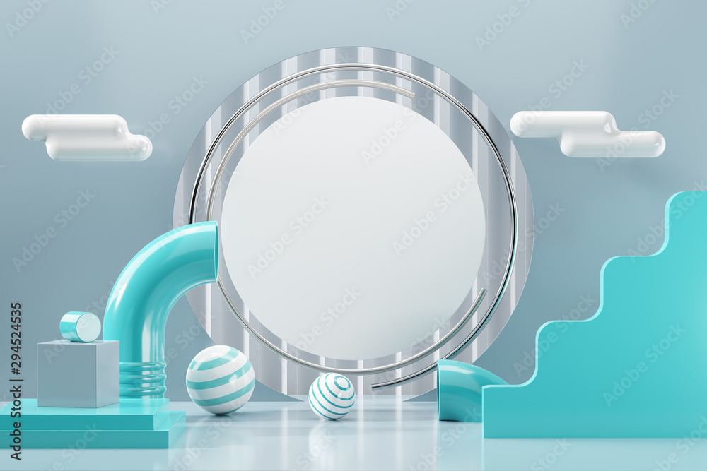 3d scene render of abstract geometric shape grey background accent. Illustration 3d rendering graphic design and white circle text copy space with mint tube, ball sphere, cloud in minimal styles.