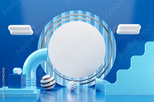 3d scene render of abstract geometric shape blue background accent. Illustration 3d rendering graphic design and white circle text copy space with Colorful tube, ball sphere, cloud in minimal styles.