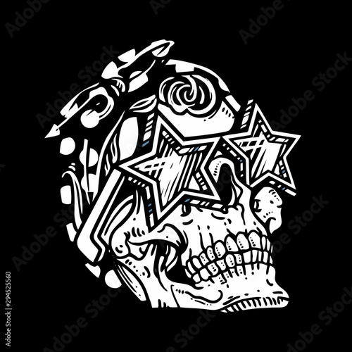 grunge style skull head wearing glasses,.vector hand drawing,Shirt designs, biker, disk jockey, gentleman, barber and many others.isolated and easy to edit. Vector Illustration