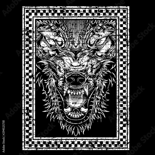 grunge style wolf hand drawing vector,Shirt designs, biker, disk jockey, gentleman, barber and many others.isolated and easy to edit. Vector Illustration