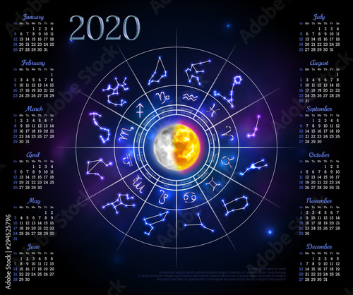 Calendar layout for 2020 year with zodiac circle. Horoscope wheel with star constellations and zodiac signs on deep blue background. Astrology predictions vector illustration. Week starts from Sunday.