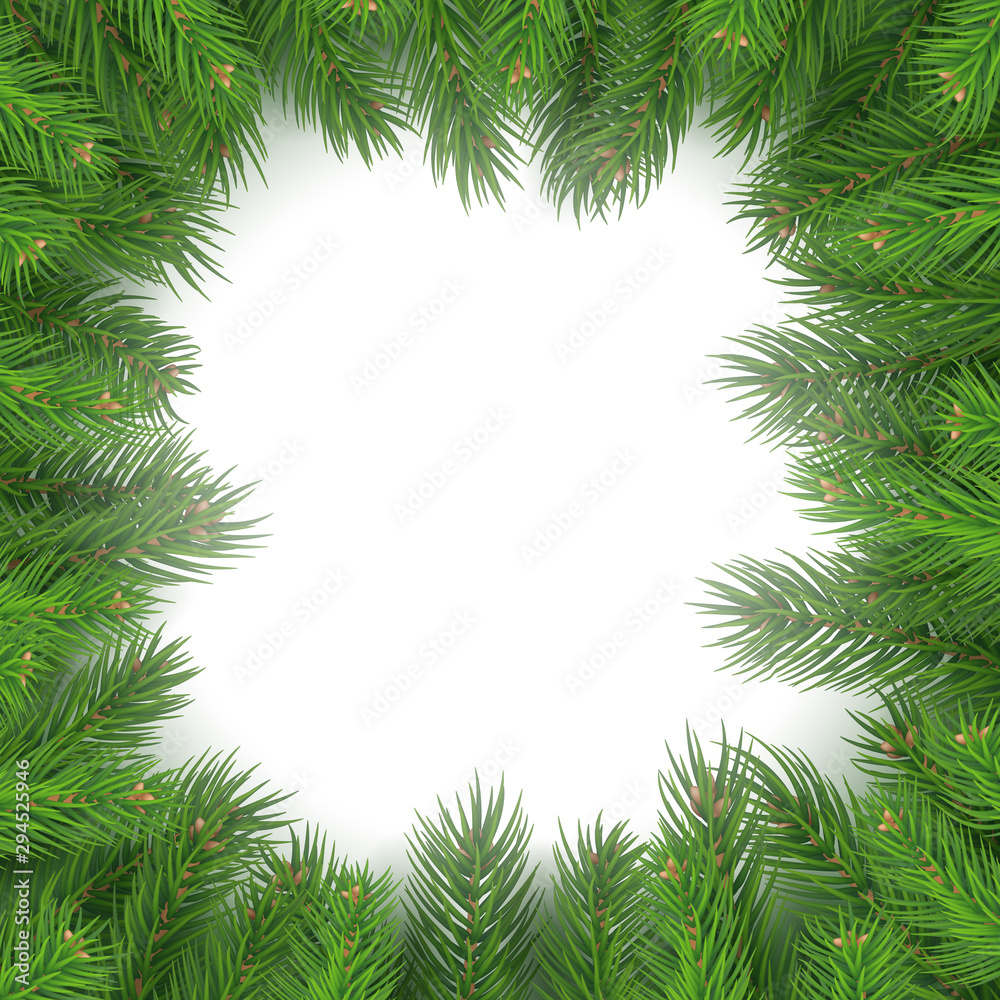 Christmas tree rectangular frame on white background. Merry Christmas and Happy New Year traditional design with copy space. Realistic 3d fir tree branches decoration vector illustration. Christmas tree rectangular frame on white background. Merry Christmas and Happy New Year traditional design with copy space. Realistic 3d fir tree branches decoration vector illustration.