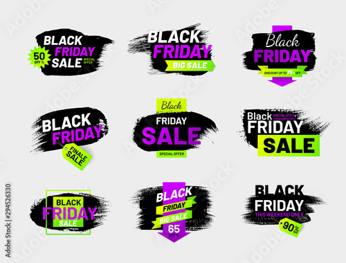 Black Friday sale labels set in shape of paintbrush stroke. Best offer and super discount tags. Modern design isolated on white background. Shopping event advertising. Seasonal marketing campaign.