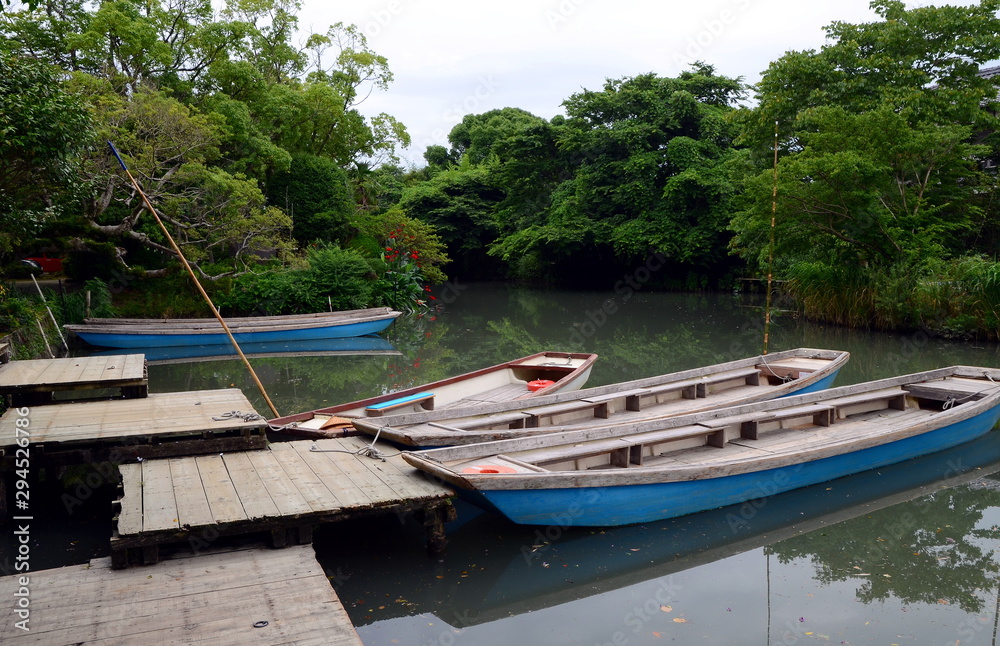 Wooden boats at the riverbank of Yanagawa, also known as Japanese Venice because of its canals. Fukuoka Prefecture, Japan