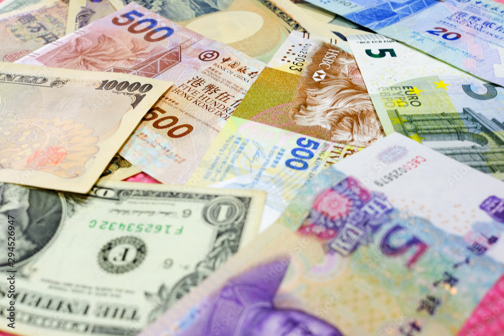 Money euro, dollar, USA, Hong Kong, China, currency exchange concept Money euro, dollar, USA, Hong Kong, China, currency exchange concept