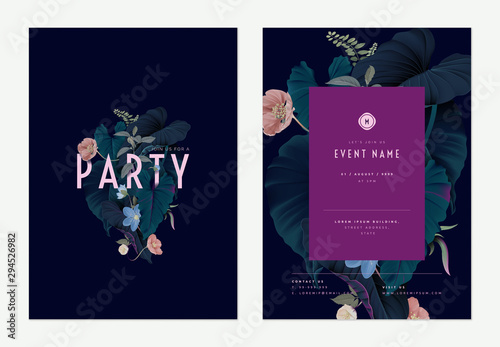 Event invitation card template design, various flowers and leaves art collage, purple tones