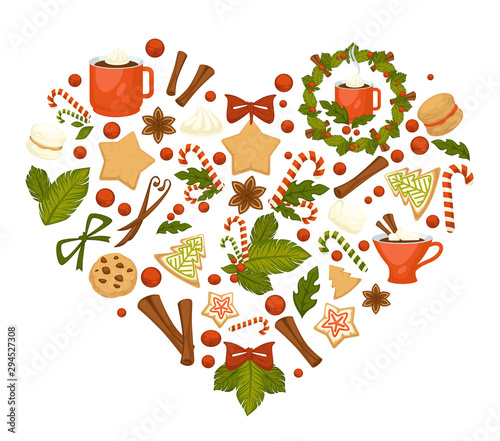 Cocoa and tea, Christmas cookies and candies, winter holiday symbols