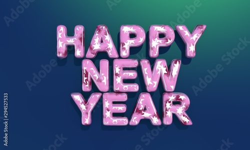Happy New Year . Festive illustration of 3D numbers from colored raspberry-colored stained glass with silver stars inside on a blue-green gradient chameleon background. Realistic 3d sign. 