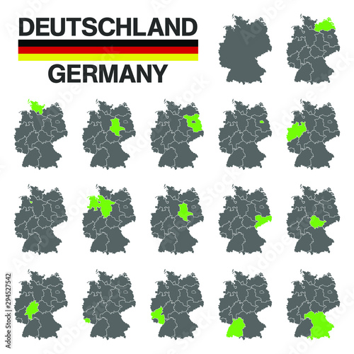 Deutschland - Karte - 16 Bundesländern - Vektor Set - Grün