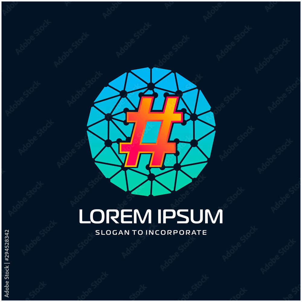 Fototapeta premium hashtag in circle with network concept. circuit concept. technology digital logo template - vector