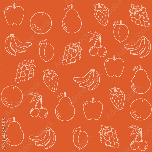 Multiple fruits on an orange background. Vector illustration.