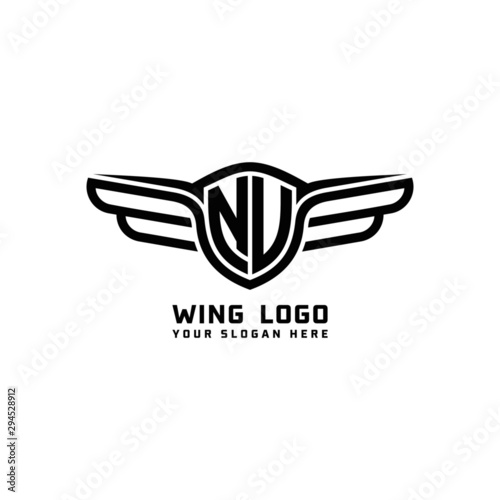 NU, NV initial logo wings, abstract letters in the middle of black