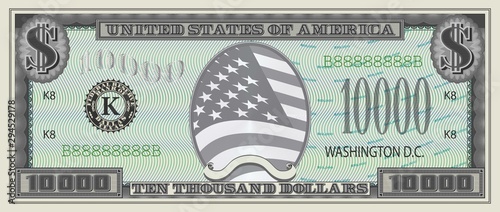 Fictional banknote of 10,000 dollars with a flag in the center