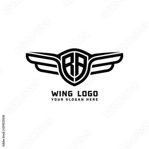 RA initial logo wings, abstract letters in the middle of black
