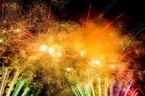 Colorful fireworks exploding on black night sky