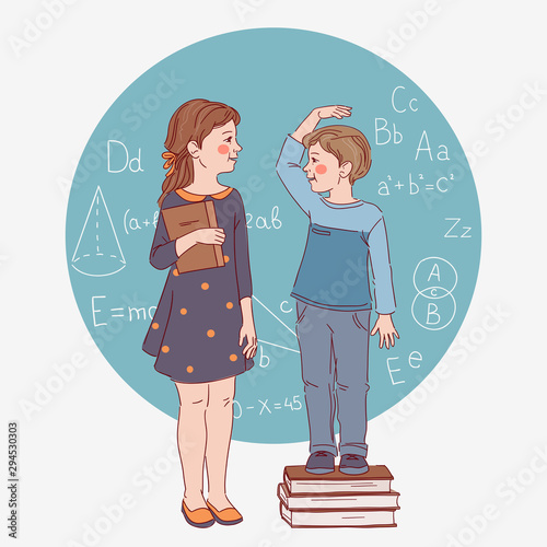 Little girl and boy measuring their height