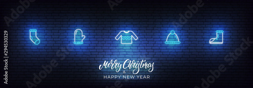 Christmas sale icons banner. Xmas and New Year sale background with neon icons and lettering sign