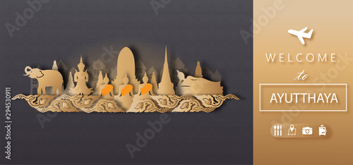 Ayutthaya Thailand Travel postcard panorama, poster, tour advertising of world famous landmarks of Thailand in paper cut style. Vector illustration.